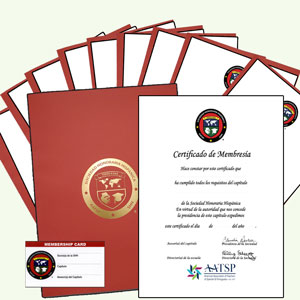 10 CERTIFICATES WITH THE SHH & AATSP SEALS WITH LINES AND 10 RED COVERS - FREE MEMBERSHIP CARDS